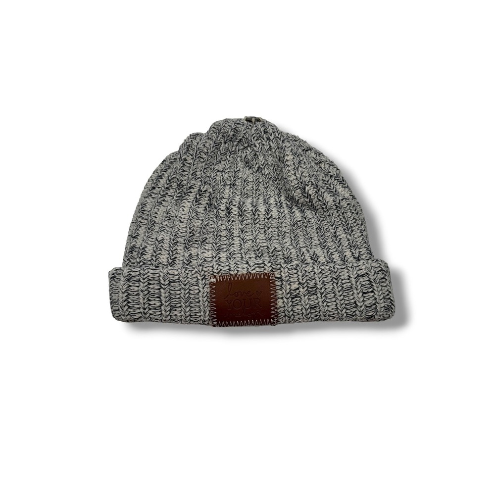 Love Your Melon Beanie Hat Gray White Marled Knit Leather Patch Unisex One Size